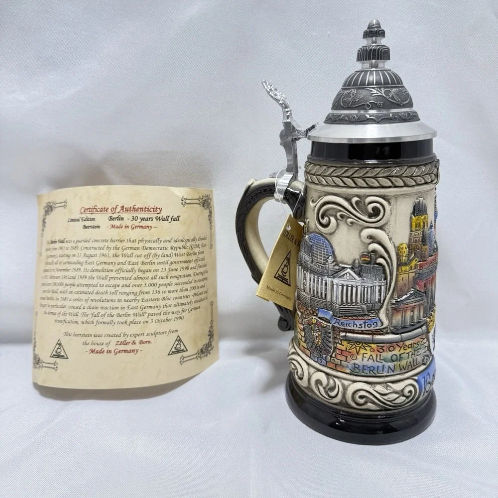 Zoller Born Beer Stein 30 Year Fall Of Berlin Wall #207/5000 Pewter Lid Mint COA